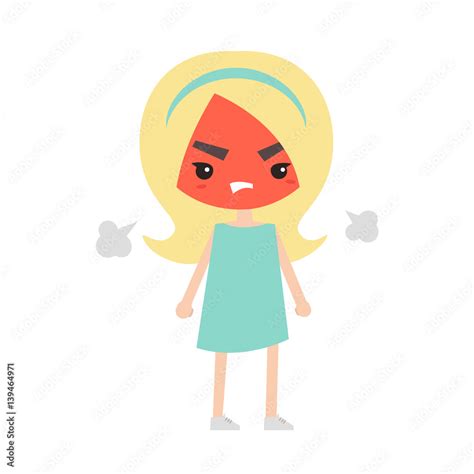 Angry blond girl with red face blows steam. Flat cartoon vector ...