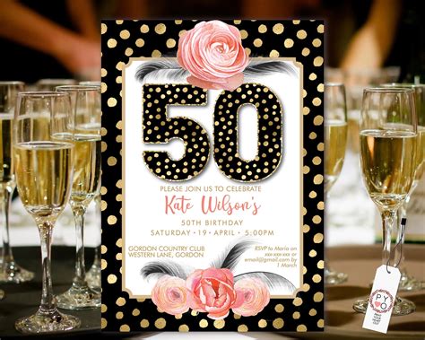 Diy 50th Birthday Spots Feather Invitation Printable Template Black Gold Floral Print Editable