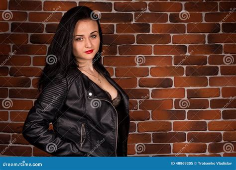 Pretty Brunette Woman In Leather Jacket Stock Image Image Of Black