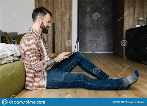 Happy Mid Aged Brunette Bearded Man Working Stock Image Image Of