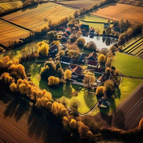 Vista A Rea De Una Granja Con Un Estanque Y Un Peque O Pueblo Ai