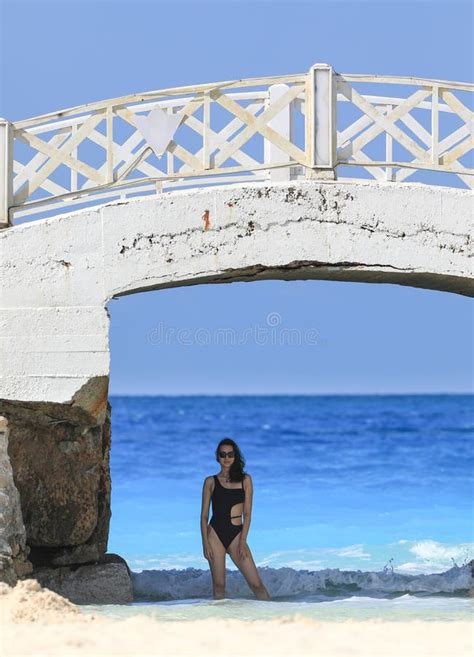 Beautiful Brunette Woman In Swimsuit Relaxing On Seashore Stock Image Image Of Woman