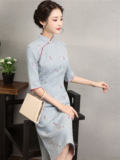 Blue Floral Linen Midi Qipao Cheongsam Dress CozyLadyWear