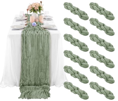 Pesonlook 12 Pack Sage Green Cheesecloth Table Runner 35 X120 For