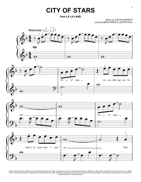 City Of Stars From La La Land Big Note Piano Print Sheet Music