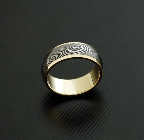 Genuine Stainless Damascus Steel And 18k Yellow Gold Mens Ring Pd28 Etsy