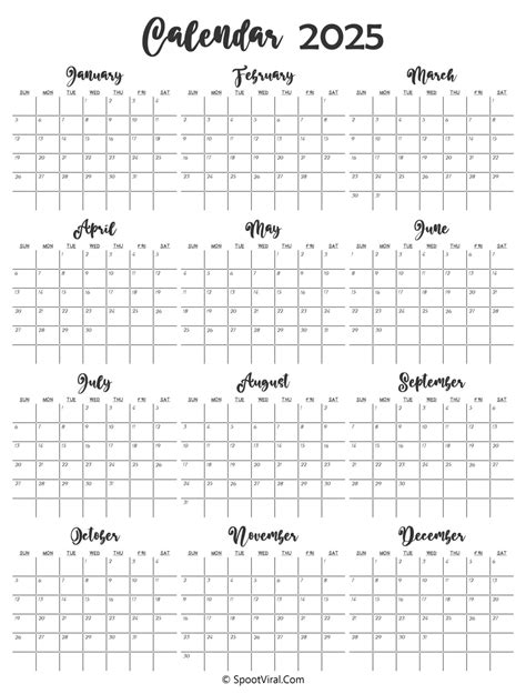 Whole Year Calendar 2025 Printable