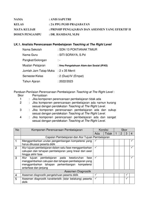 Lk 1 Analisis Perencanaan Pembelajaran Teaching At The Right Level Anis Saputri Nama Anis