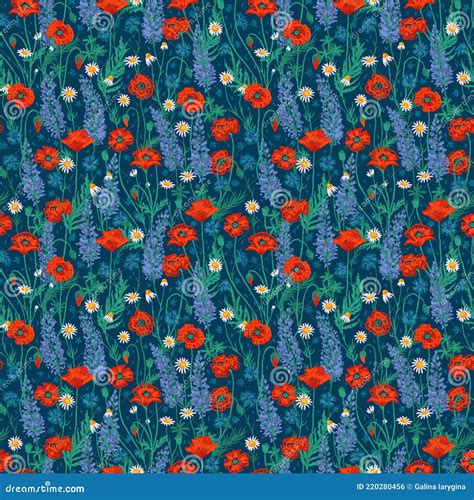 Seamless Texture Pattern With Wildflowers Poppies Cornflowers