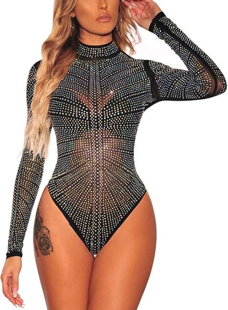 Amazon Women S Sexy Rhinestone Sheer Mesh Long Sleeves Bodysuit