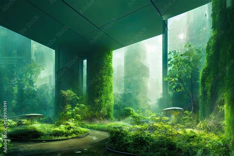 beautiful green nature garden environment in a futuristic city, digital ...