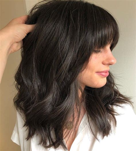 Rich Brunette Cut With Arched Bangs Medium Length Hair Cuts Medium