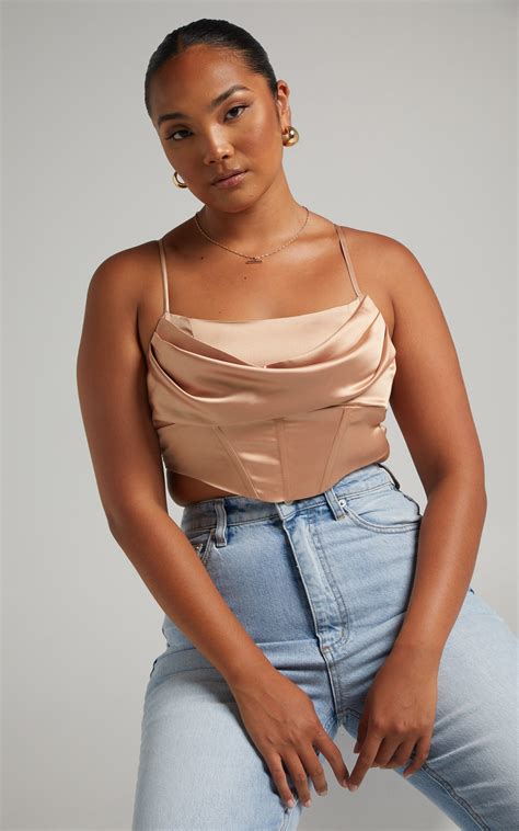 Jadey Cowl Neck Corset Crop Top In Nude Satin Showpo Eu