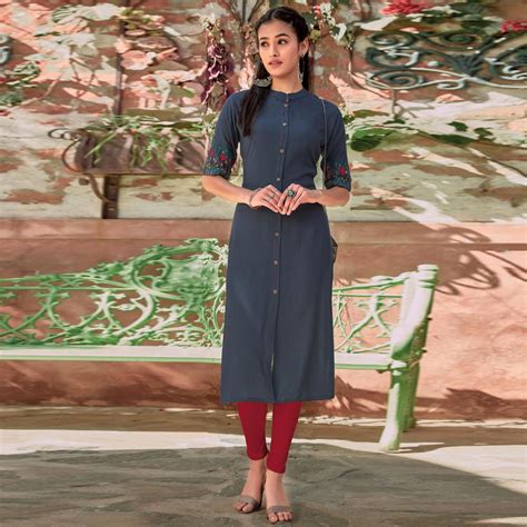 Blue Floral Embroidered Rayon Kurti