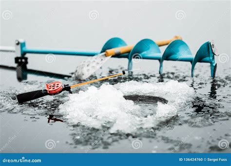 Fishing Tackle for Winter Fishing on the Ice of a Frozen Lake Stock Photo - Image of fish, bait ...