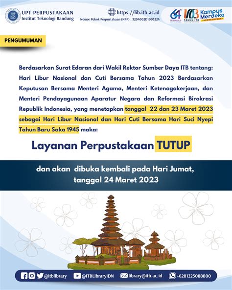 Pengumuman Libur Nasional Dan Cuti Bersama Hari Raya Nyepi Tahun Baru Saka 1945 Perpustakaan Itb