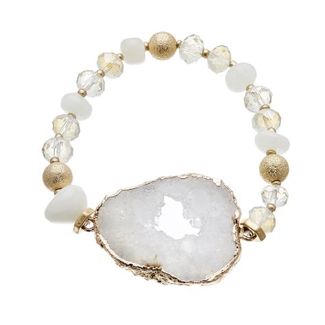 Bracelet With White Agate Beads And White Druzy Quartz Stone Jae W