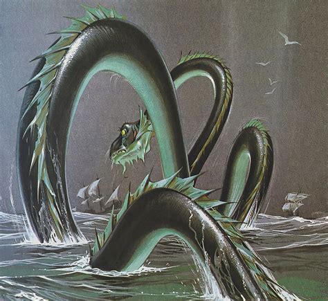 a painting of two green sea serpents fighting in the ocean with birds ...