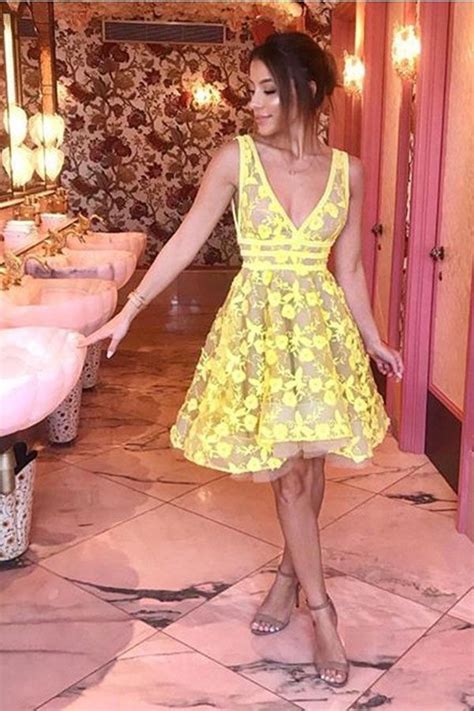 A Line V Neck Yellow Party Dress With Appliques Short Homecoming Dress