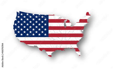 Map of the USA with American flag. Colors of flag are proper. Rivers and lakes are shown. Stock ...