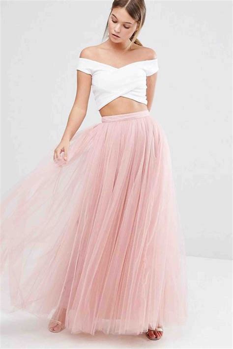 Pink Tulle Two Pieces White Top Prom Dress Long Evening Dress Tulle