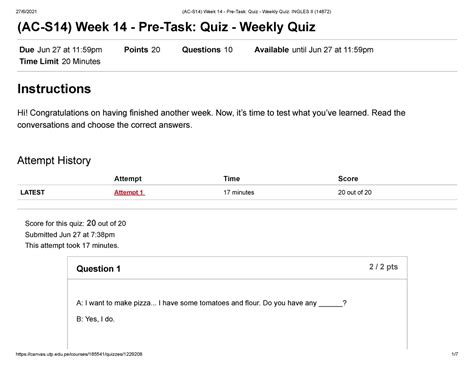 AC S14 Week 14 Pre Task Quiz Weekly Quiz Ingles II 14872 AC