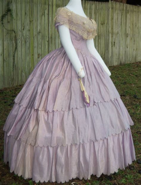 Lilac Silk Ballgown C 1860 Shown With An Original Bertha And Fan