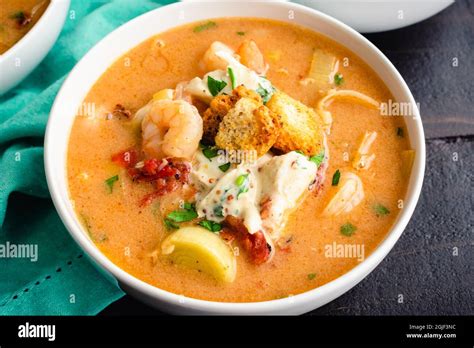 Bowls Of Shrimp And Crab Bisque With Garnish Seafood Bisque Topped