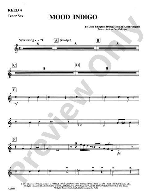 Mood Indigo 2nd B Flat Tenor Saxophone 2nd B Flat Tenor Saxophone Part Digital Sheet Music