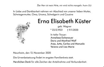 Traueranzeigen Von Erna Elisabeth K Ster Vrm Trauer De