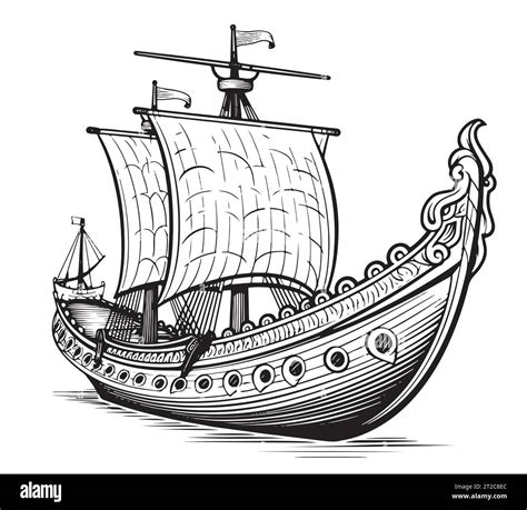 Dibujo de barco vikingo dibujado a mano ilustración vectorial cómic