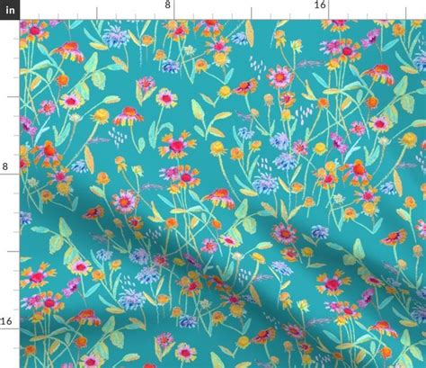 Colorful Fabrics Digitally Printed By Spoonflower Field Flowers Teal Spoonflower Colourful