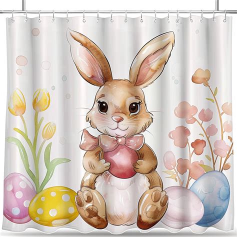 Easter Bunny Shower Curtain Set Colorful Eggs Cartoon Style Hyper