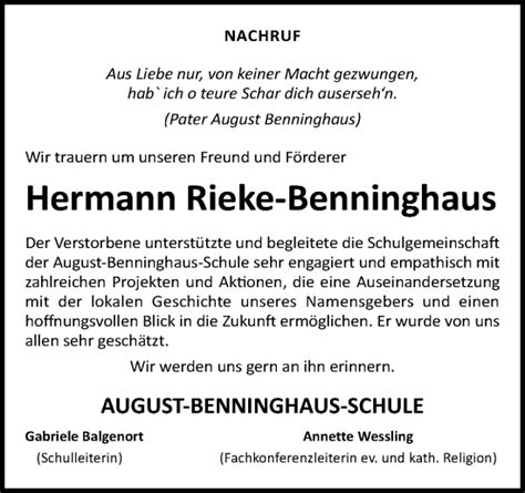 Traueranzeigen Von Hermann Rieke Benninghaus Noz Trauerportal