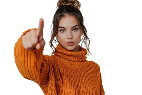 Confident Woman Dressed Orange Sweater Pointing Finger Empty Space On