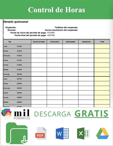 Control De Horas Ejemplos Y Formatos Excel Word Pdf