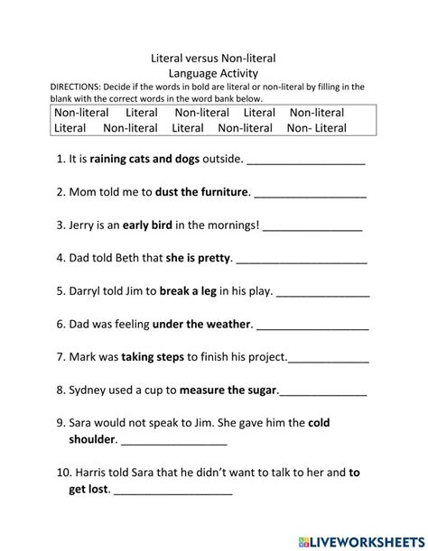 Literal Language Versus Figurative Language Worksheet Live