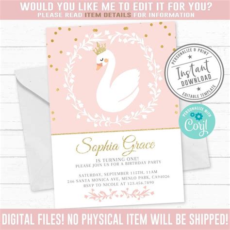 Editable Princess Swan Birthday Invitation Corjl Template White Swan