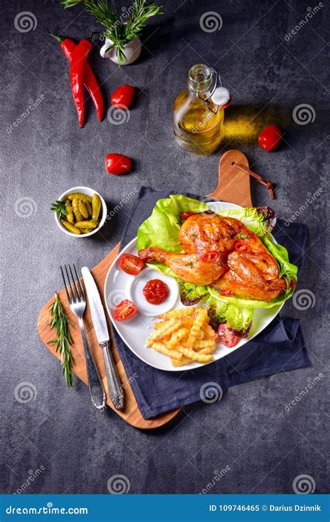 Fried Chicken With Chips And Salad Stock Image Image Of Lunch Meat