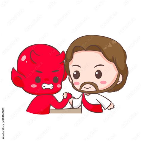 Cute Jesus Christ Arm Wrestling With Devil Cartoon Character Christian Religion Concept Design