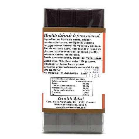 Tableta Chocolate Negro 70 Con Naranja 105 Gr Refart Chocolate