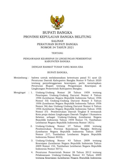 BUPATI BANGKA PROVINSI KEPULAUAN BANGKA BELITUNG SALINAN PERATURAN