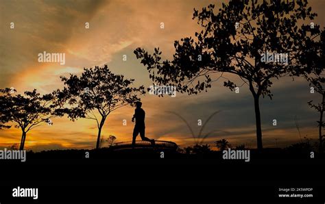 Fitness silhouette sunrise jogging workout wellness concept Stock Photo ...