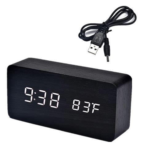 Black Rectangle Wooden LED Alarm Clock + USB Cable Sounds Control LED Display Desktop Digital ...