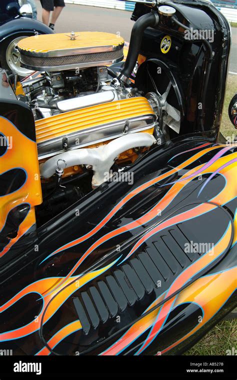 Hot Rod Small Block Chevy Chevrolet V Engine In A Hotrod With Flame Paint Job Hot Rod Custom