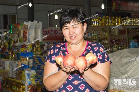 Kazakh Woman At Vegetable Stalls Samal Bazar Shymkent Southern Region Kazakhstan Central