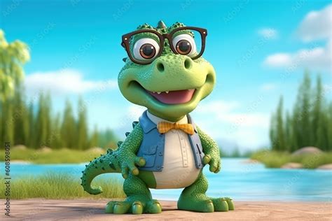 A Cute Adorable Baby Alligator With Glasses Character Stands In Nature