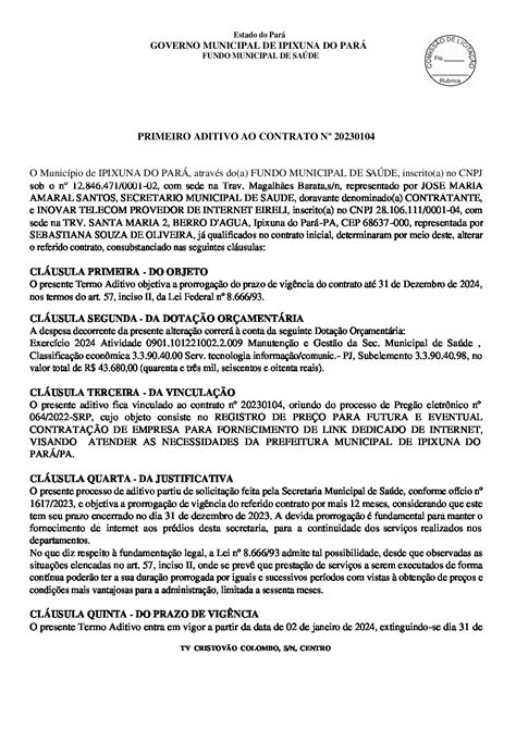 1º ADITIVO AO CONTRATO Nº 20230104 FUNDO DE SAÚDE Prefeitura