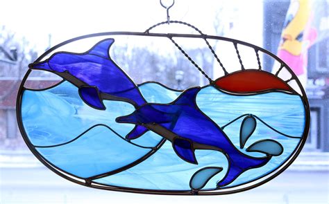 Stained Glass Jumping Dolphins In Ocean Splashing With Setting Etsy