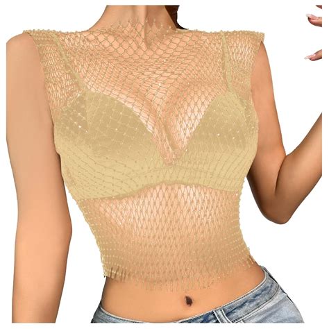 Jakanyq Women S Camisole Mesh Body Chains Rhinestone Sleeve See Through Fishnet Bikini Crop Top